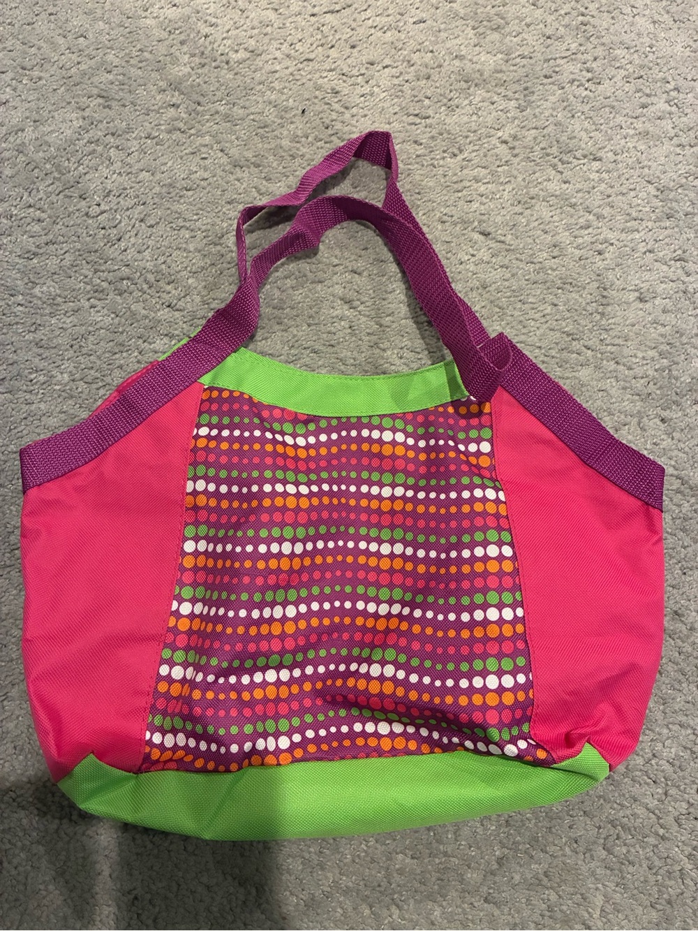 Bright Pink and Green Tote Bag with Polka Dot Panel